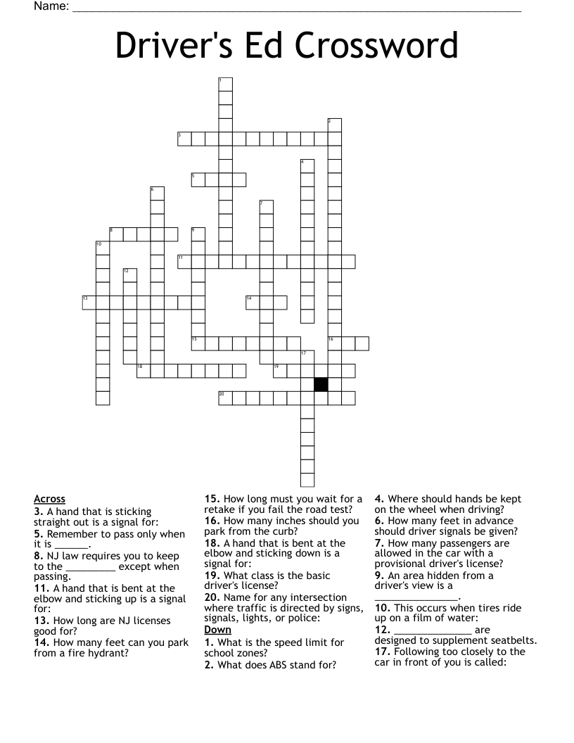 Driver's Ed Crossword 
