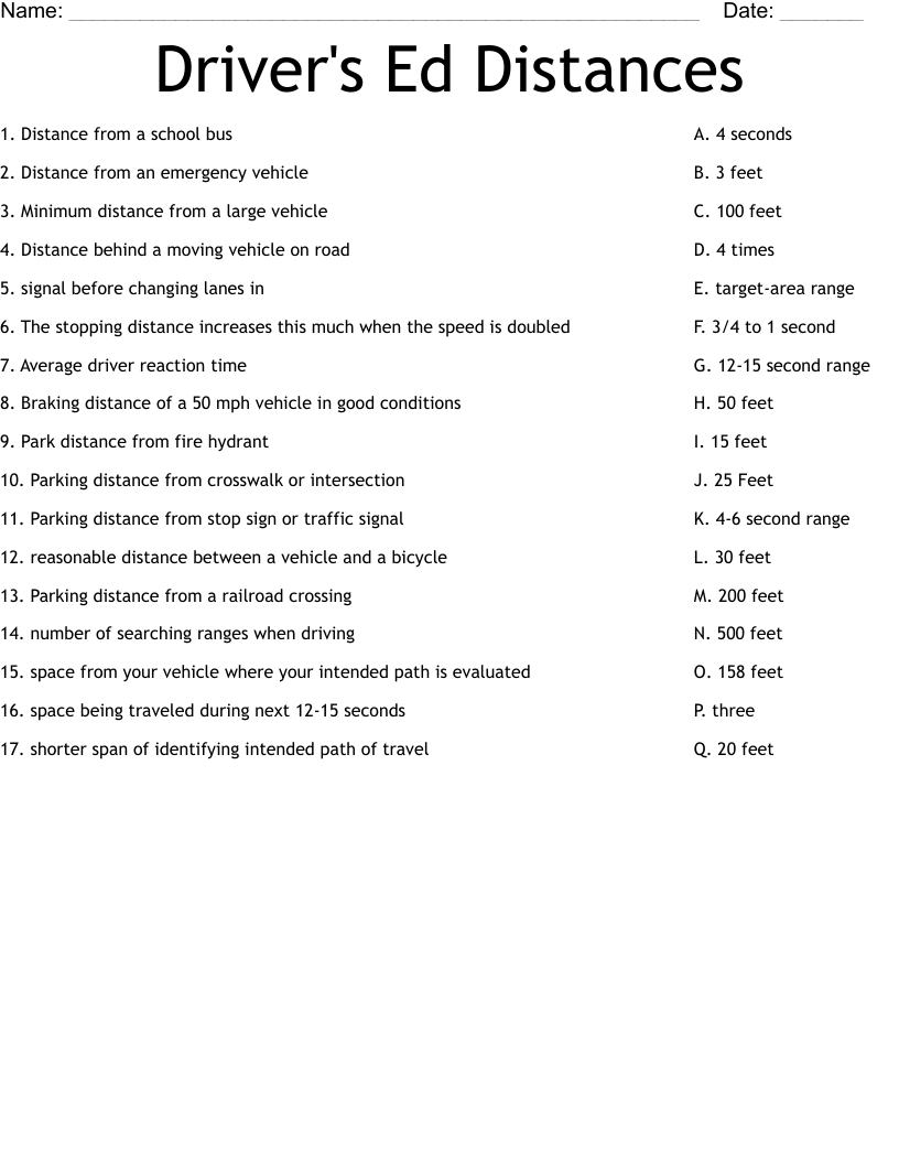 Driver's Ed Distances Worksheet