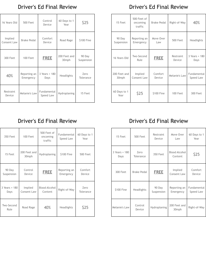 Driver's Ed Final Review Bingo Cards