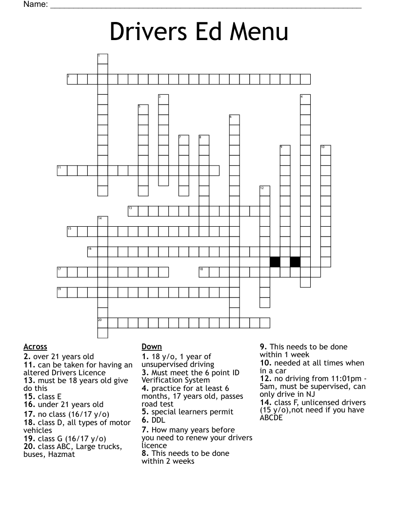 Drivers Ed Menu Crossword