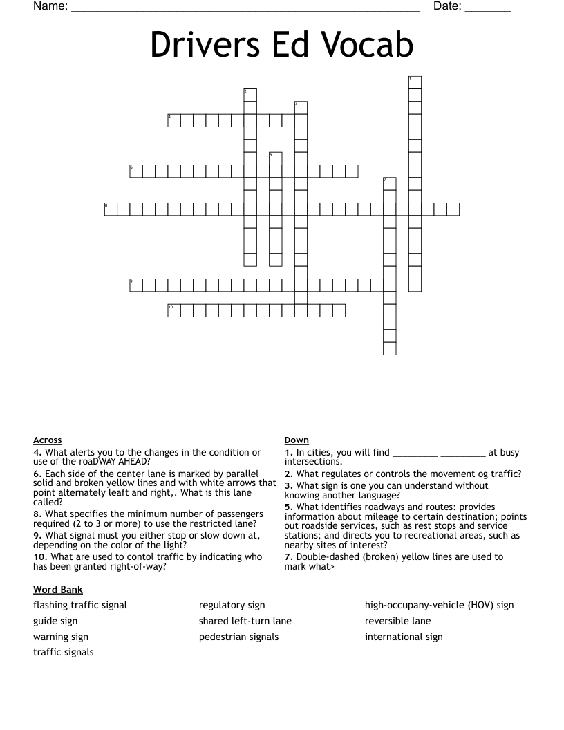 Drivers Ed Vocab Crossword