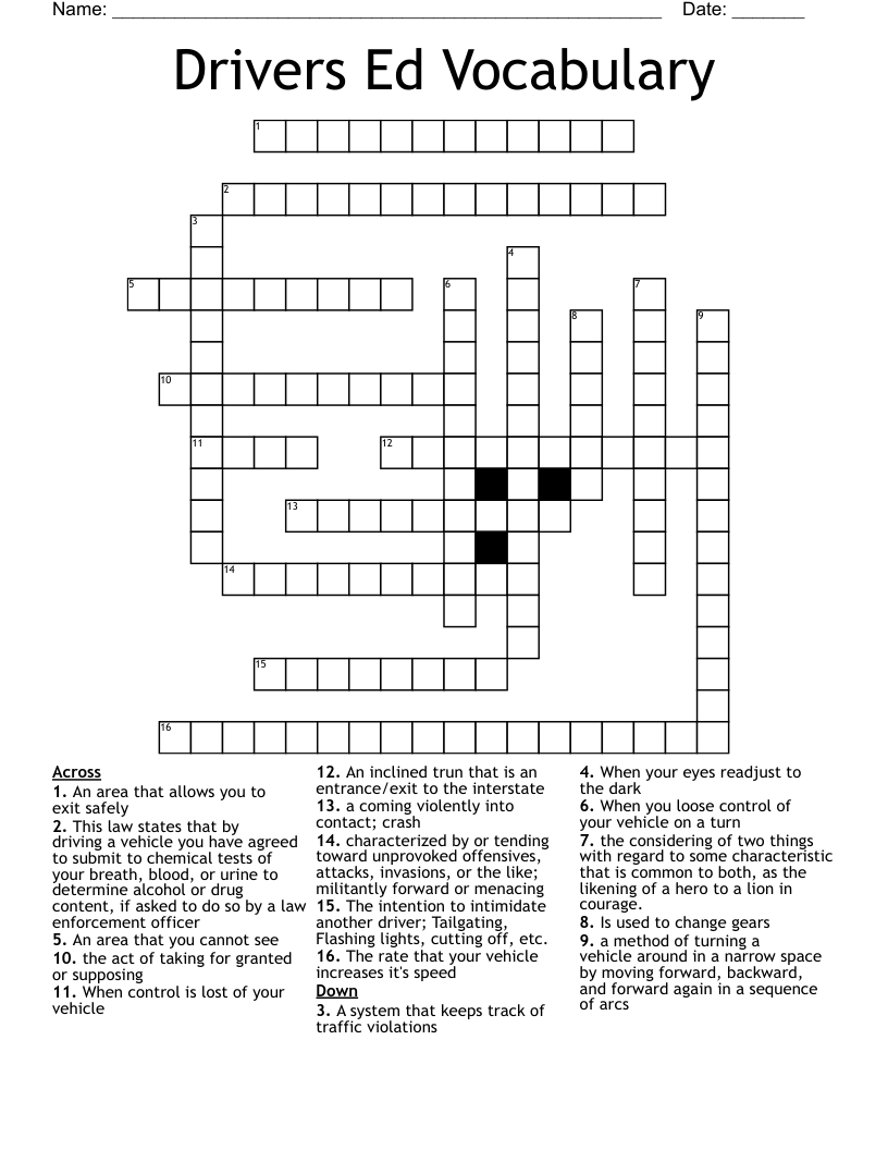 Drivers Ed Vocabulary Crossword