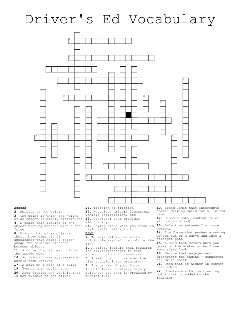 Driver's Ed Vocabulary Crossword