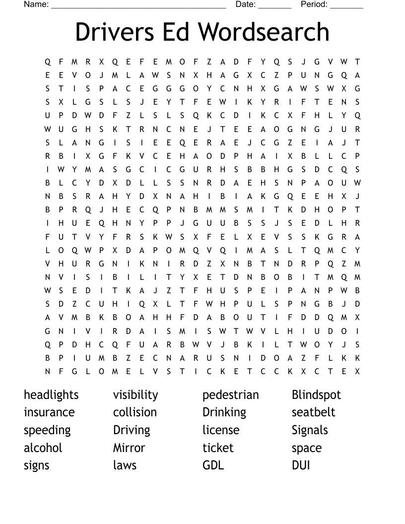 Drivers Ed Wordsearch