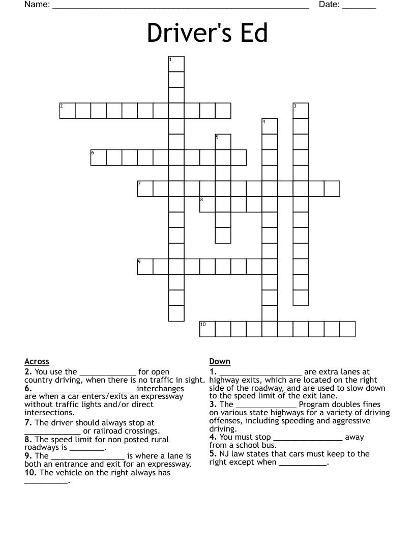 Driver's Ed  Crossword