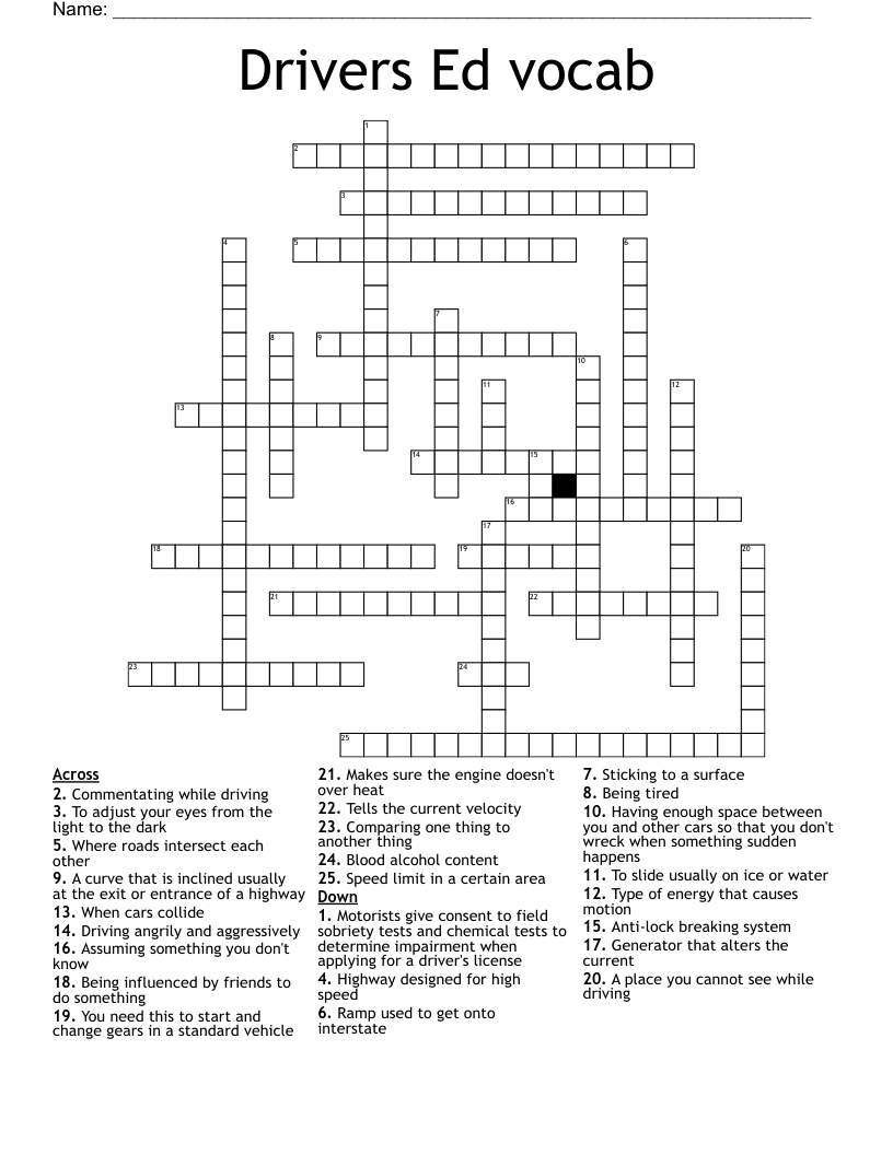 Drivers Ed vocab Crossword