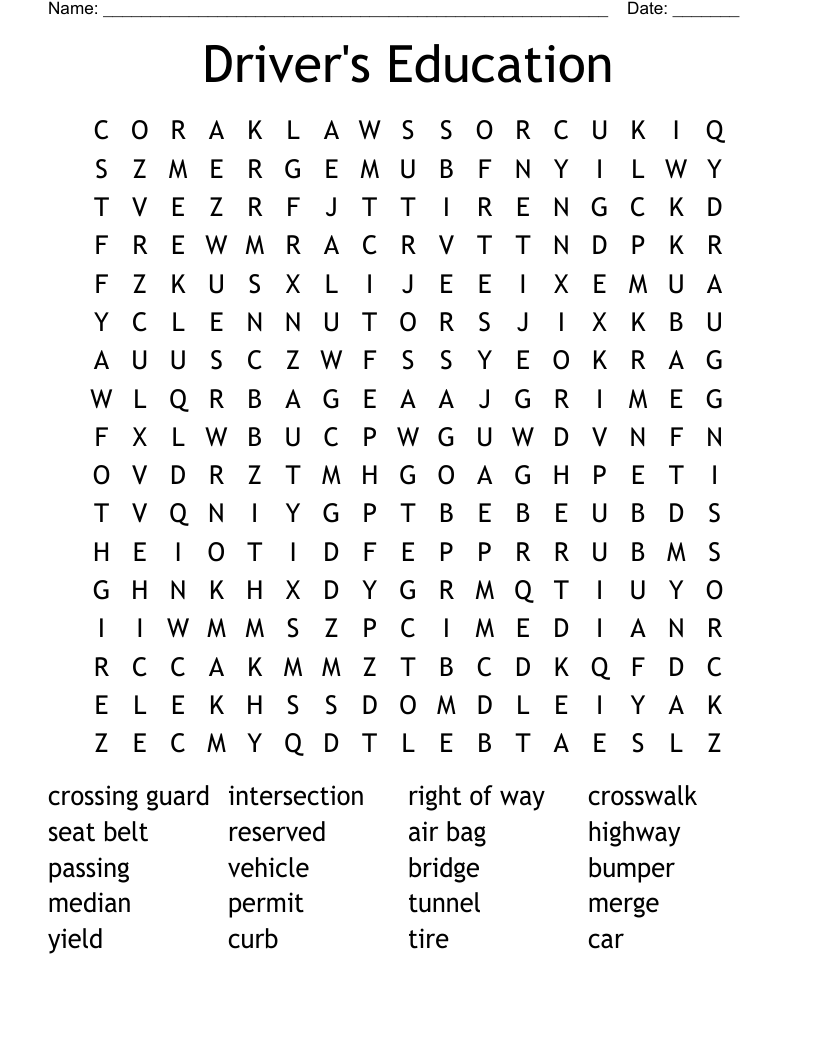 Driver's Education Word Search