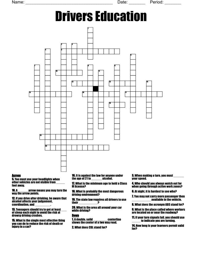 Drivers Education Crossword
