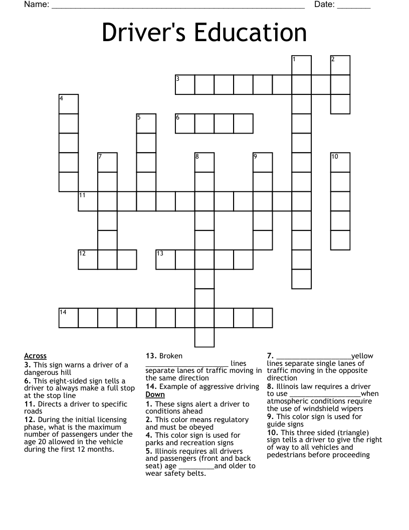 Driver's Education Crossword