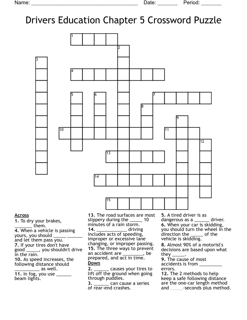 Drivers Education Chapter 5 Crossword Puzzle