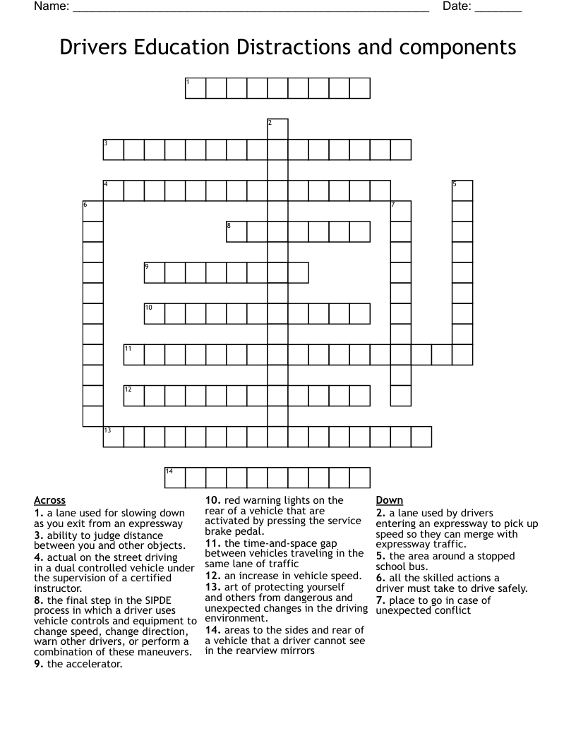 Drivers Education Distractions and components Crossword
