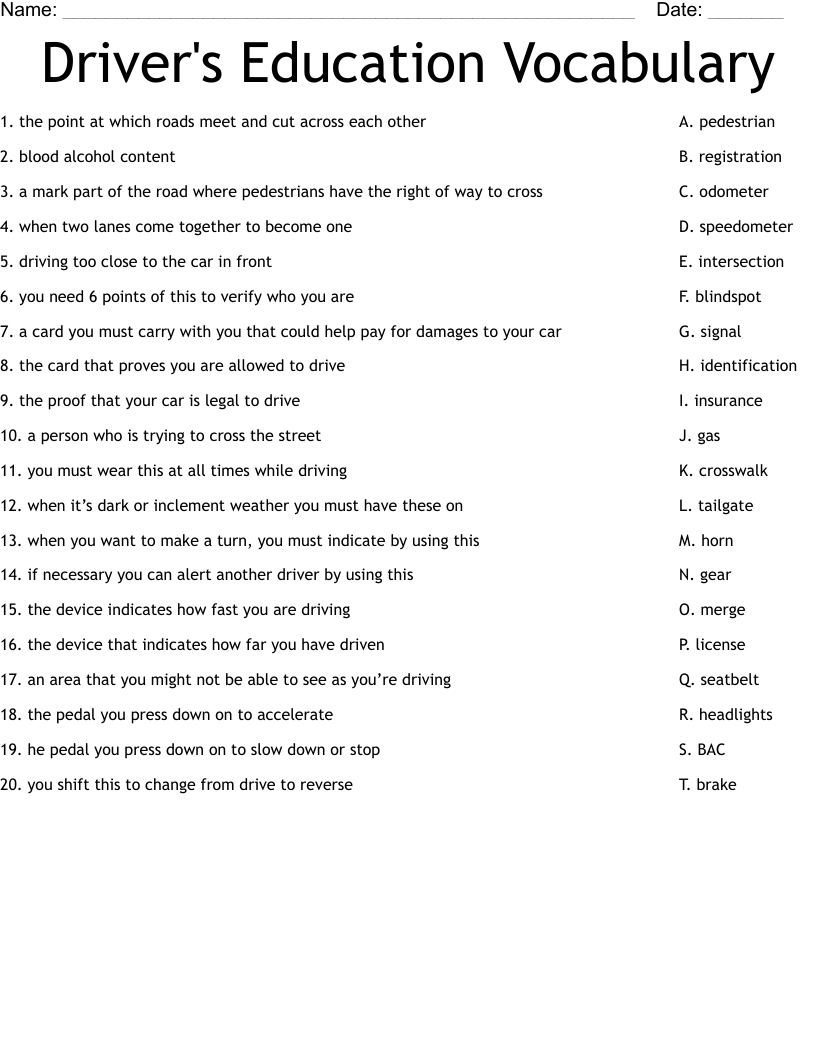 Driver's Education Vocabulary Worksheet