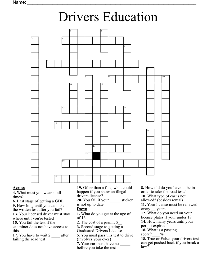 Drivers Education  Crossword
