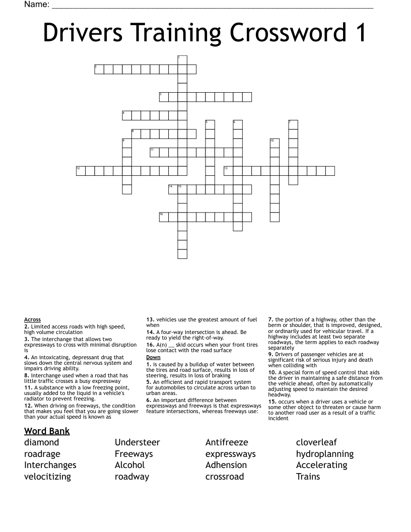 Drivers Training Crossword 1