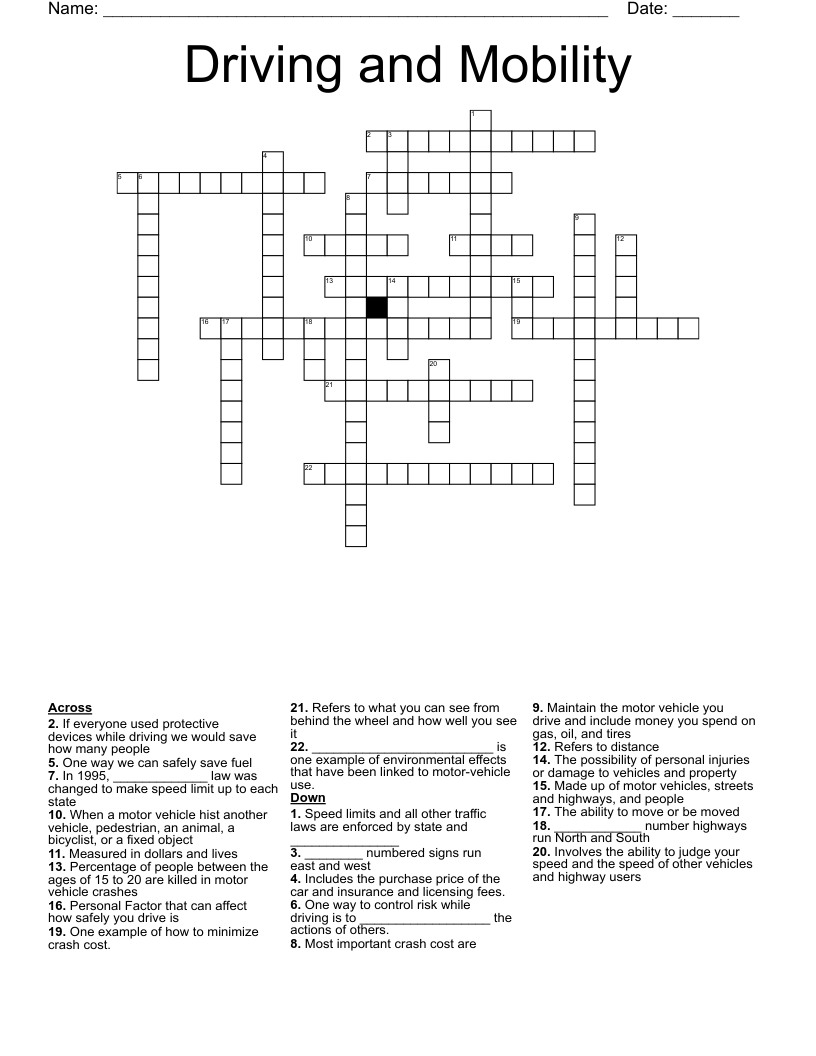 Driving and Mobility Crossword