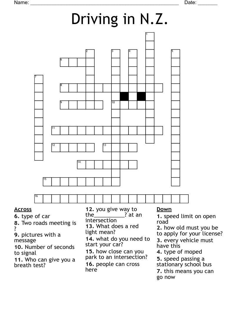 Driving in N.Z. Crossword