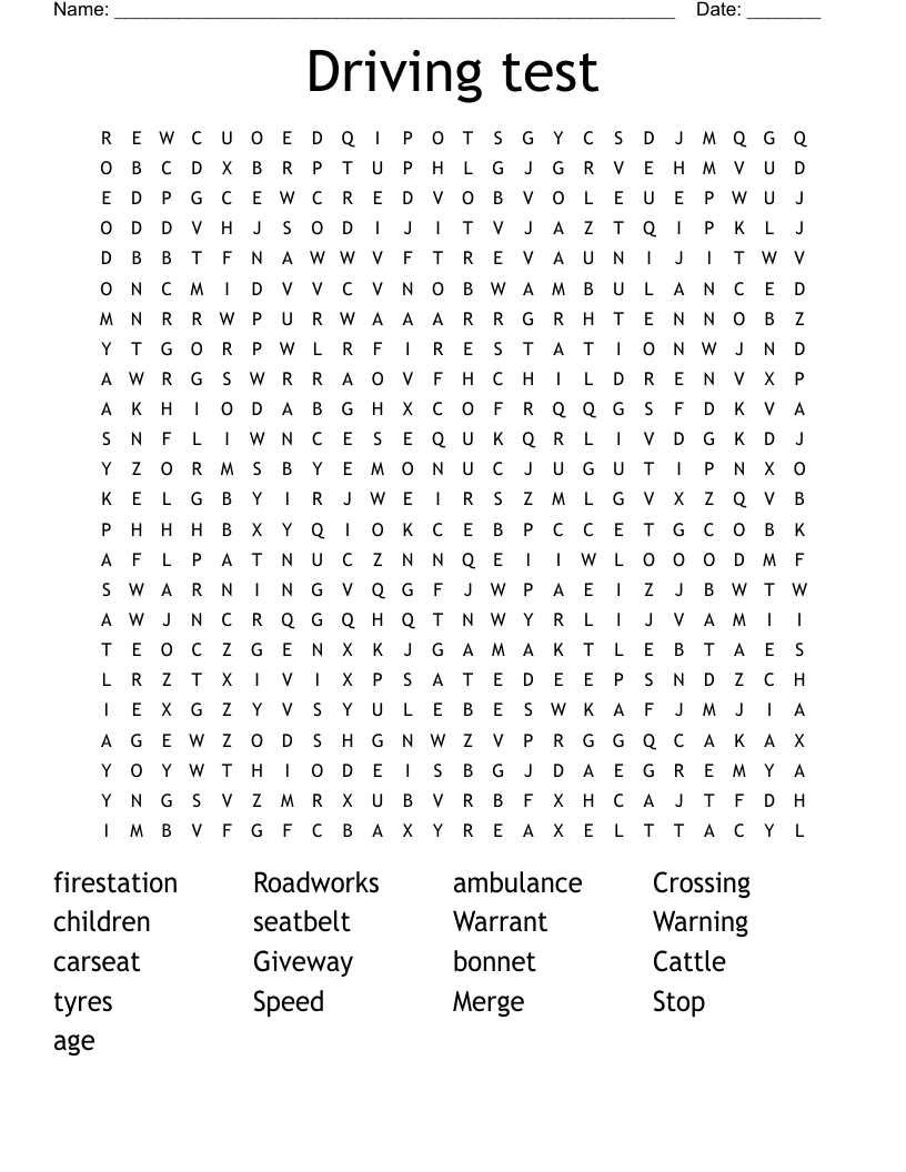 Driving test Word Search