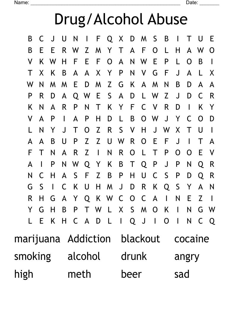 Drug/Alcohol Abuse Word Search