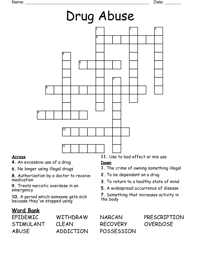 Drug Abuse Crossword