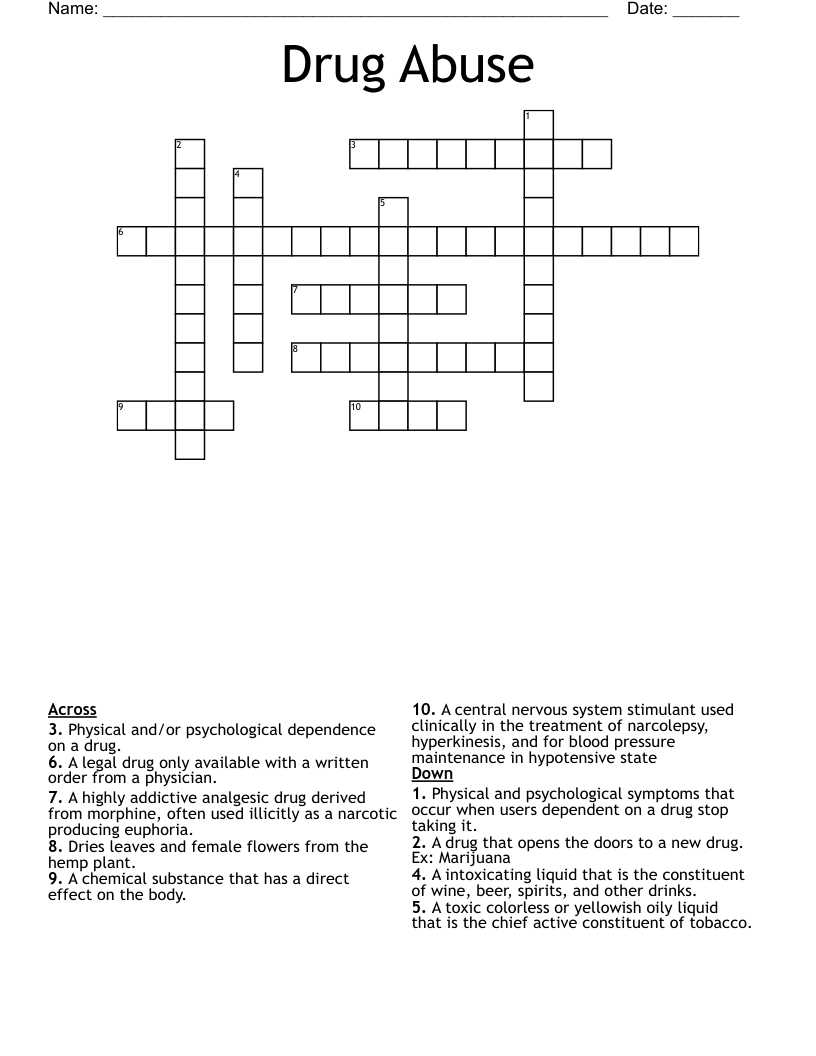 Drug Abuse Crossword