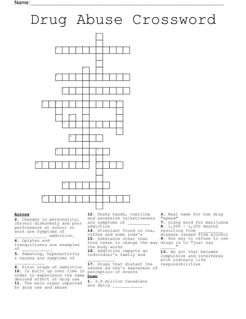 Drug Abuse Crossword