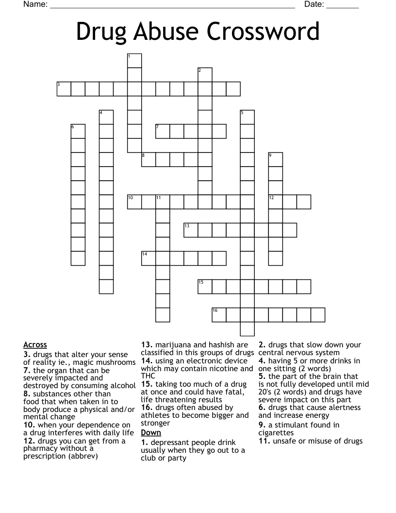 Drug Abuse Crossword