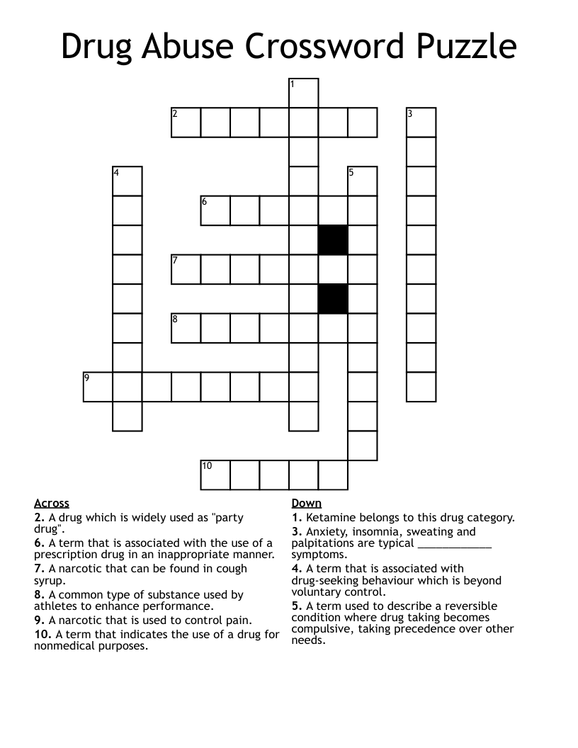 Drug Abuse Crossword Puzzle