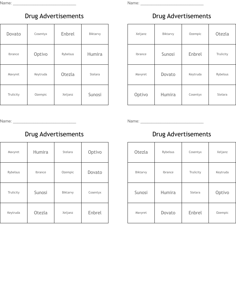 Drug Advertisements Bingo Cards