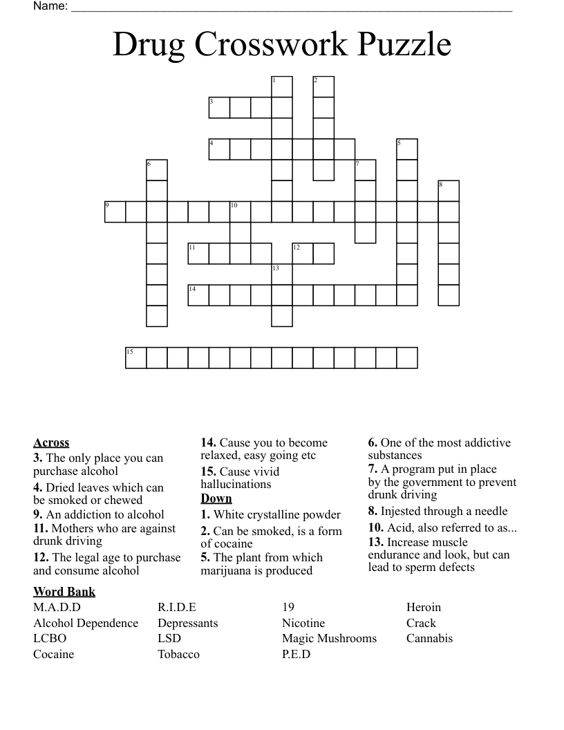 Drug Crosswork Puzzle Crossword