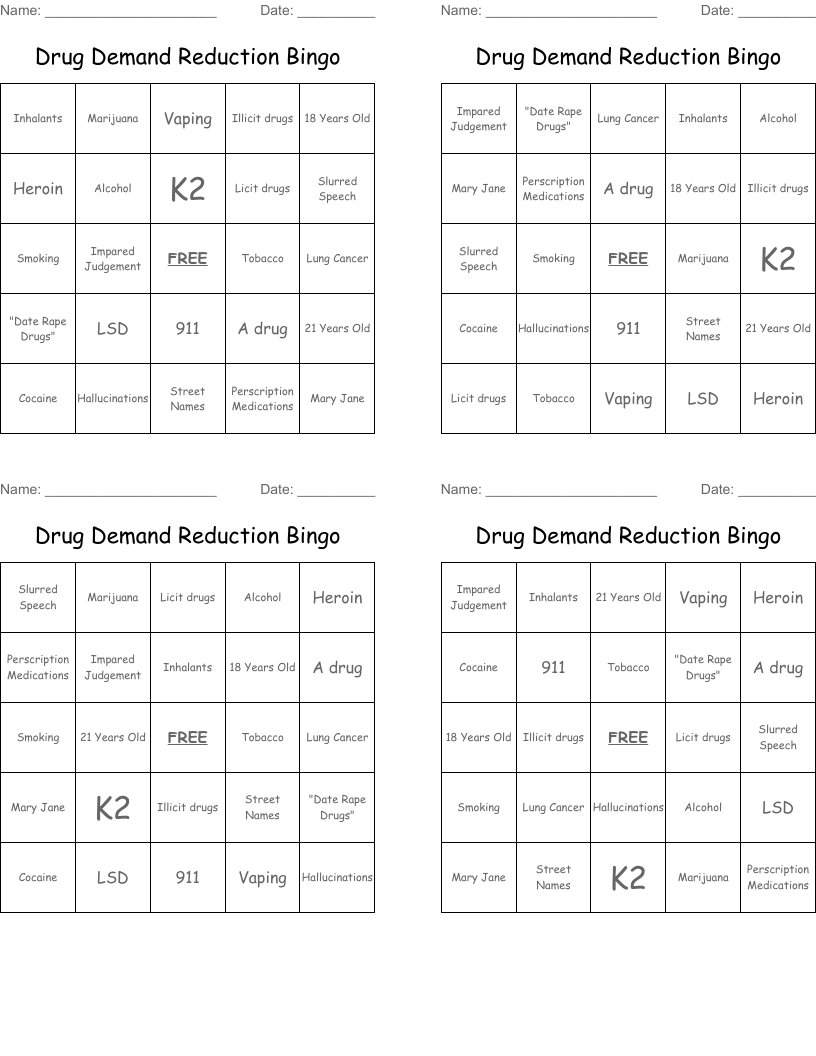 Drug Demand Reduction Bingo