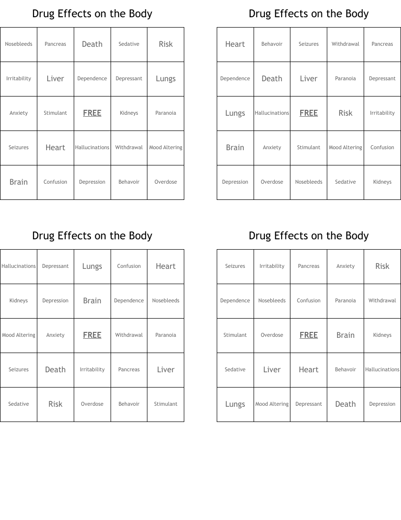 Drug Effects on the Body Bingo Cards