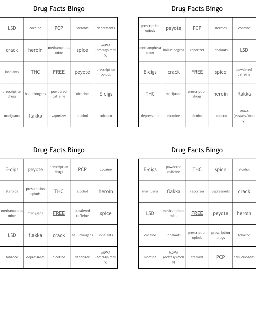 Drug Facts Bingo