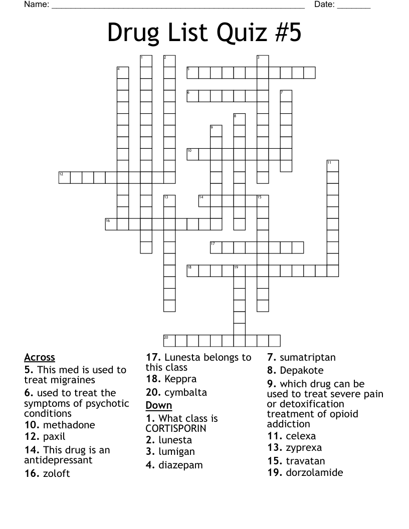 Drug List Quiz #5 Crossword