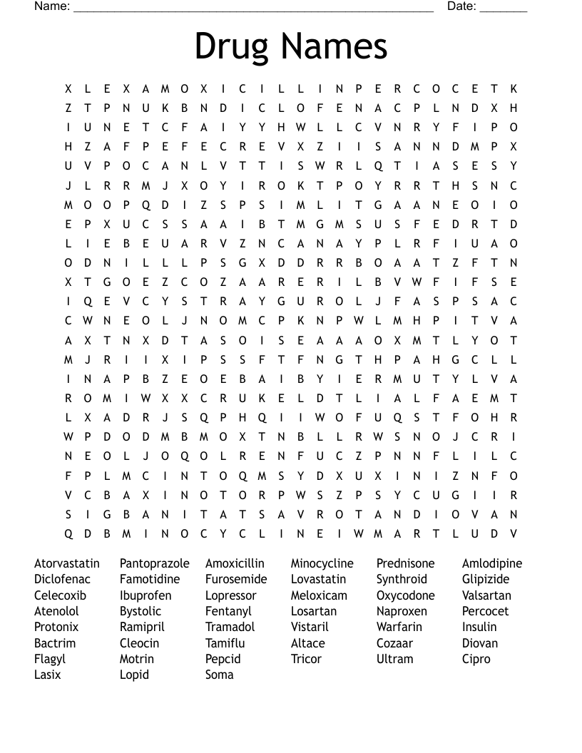Drug Names Word Search