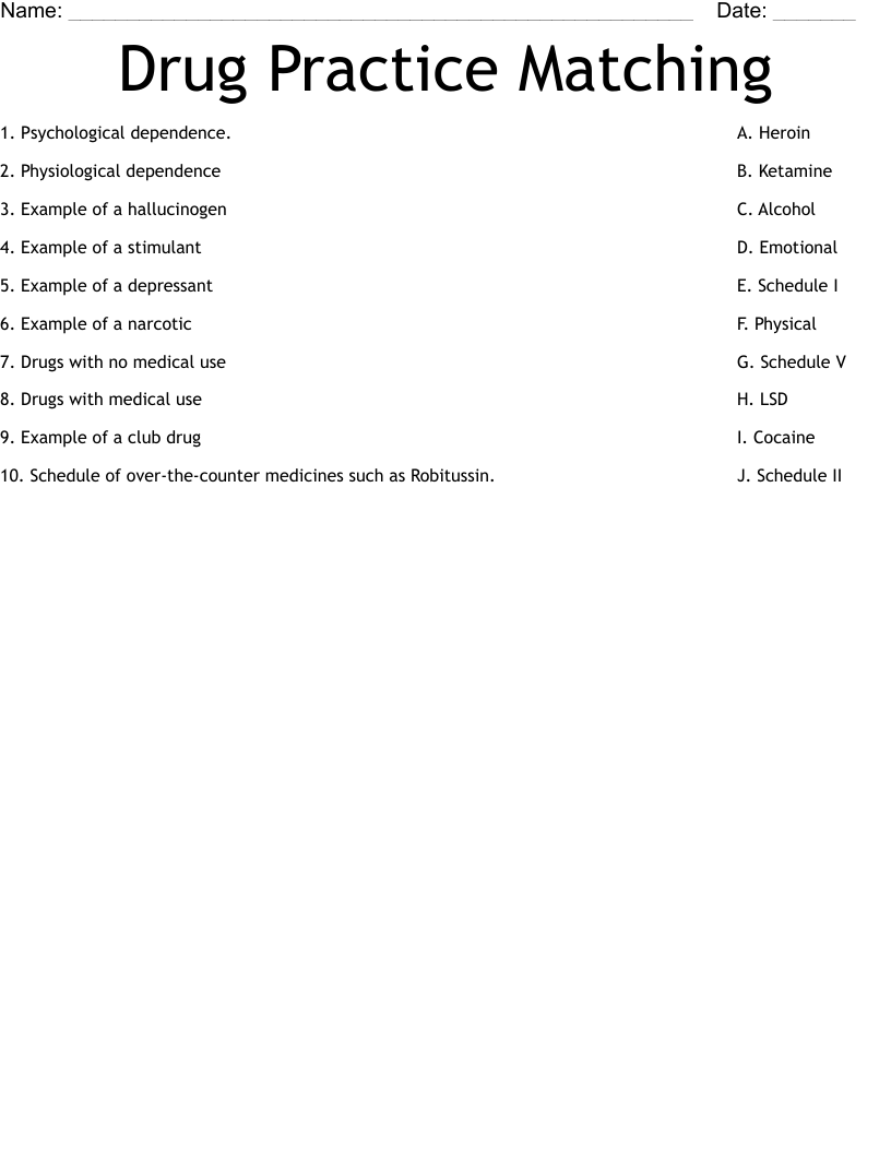 Drug Practice Matching Worksheet