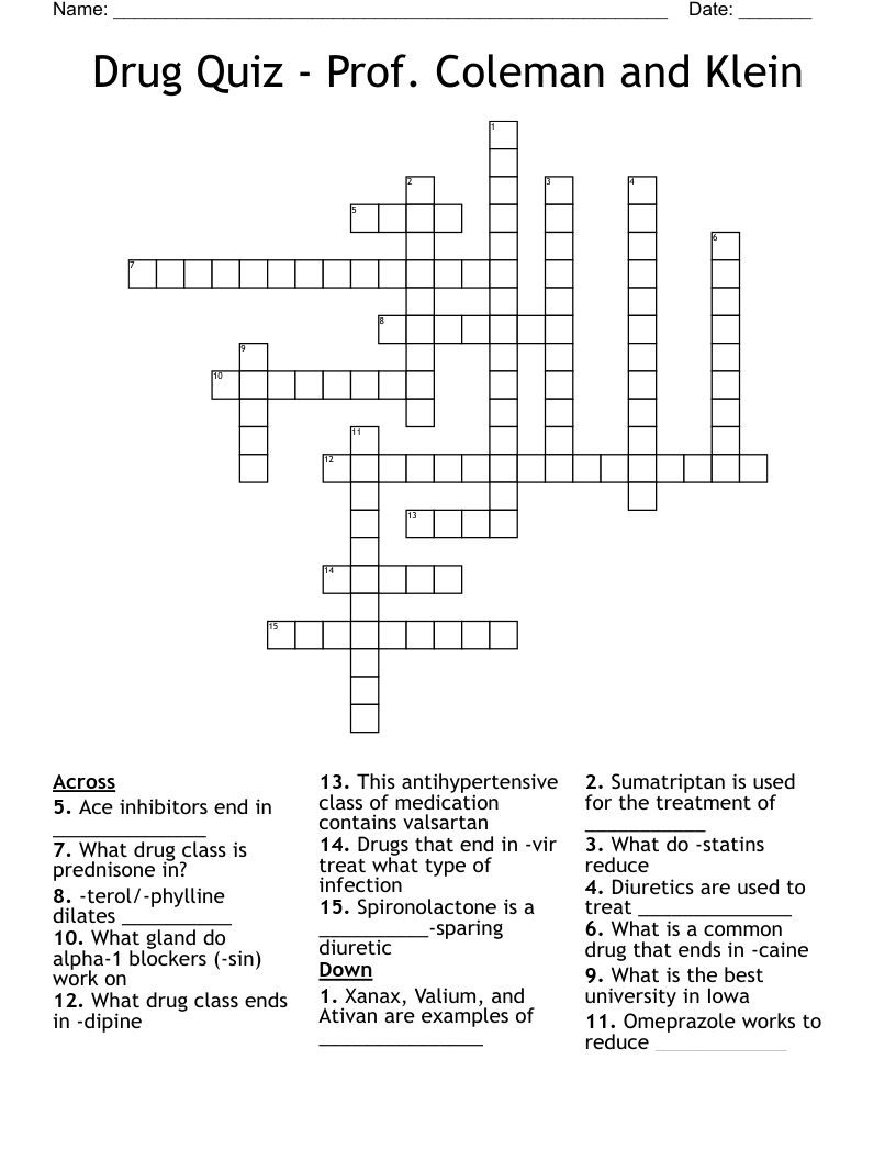 Drug Quiz - Prof. Coleman and Klein Crossword
