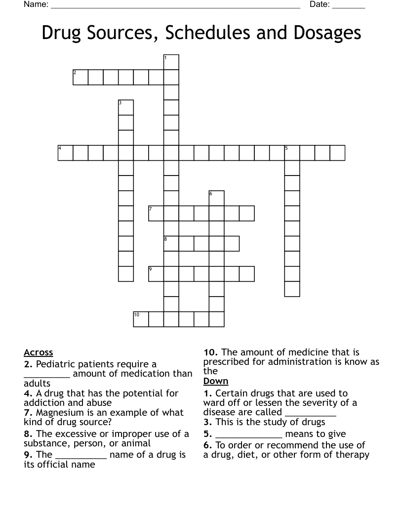 Drug Sources, Schedules and Dosages Crossword