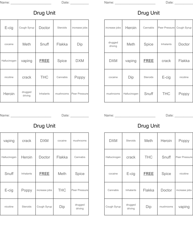 Drug Unit Bingo Cards