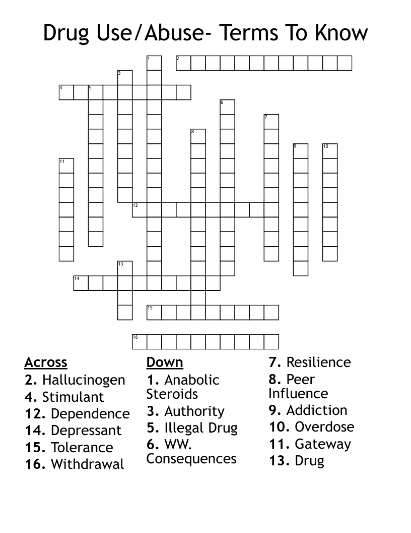 Drug Use/Abuse- Terms To Know Crossword