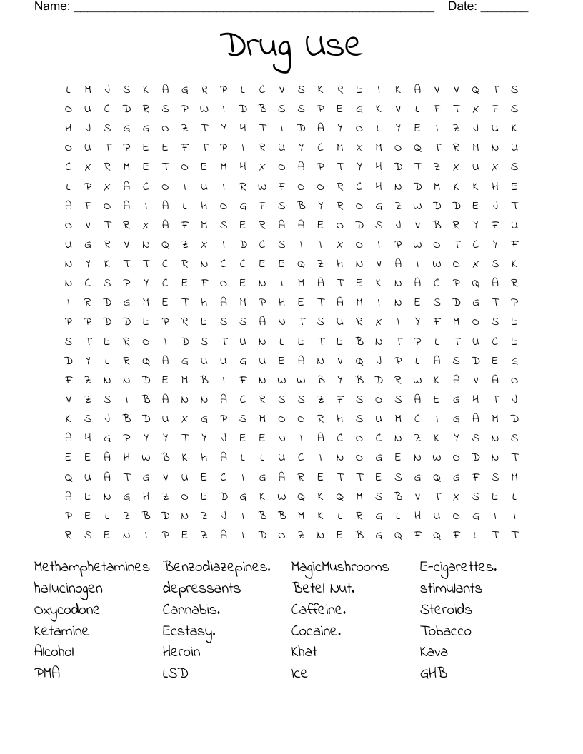 Drug Use Word Search