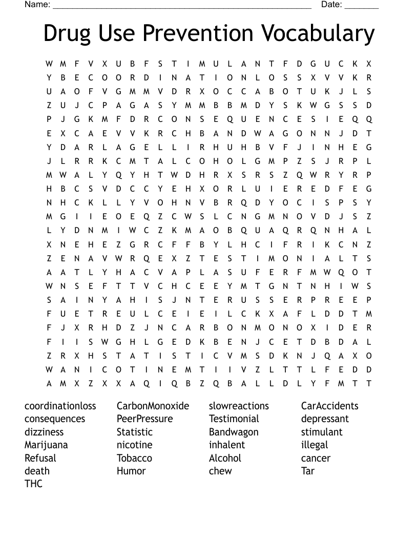Drug Use Prevention Vocabulary Word Search