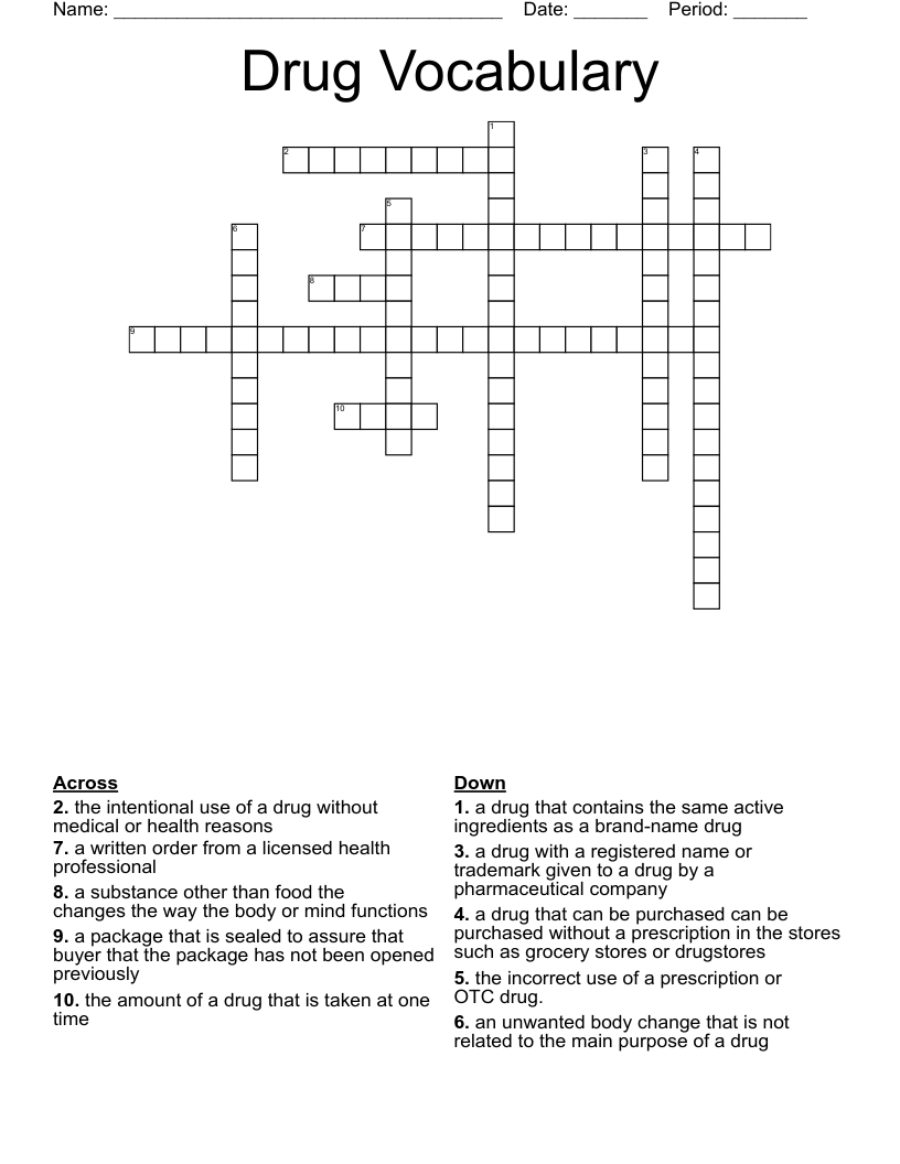 Drug Vocabulary Crossword