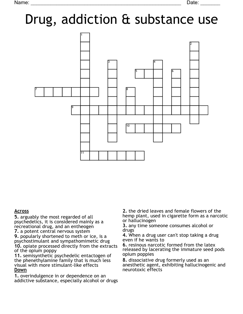 Drug, addiction & substance use Crossword
