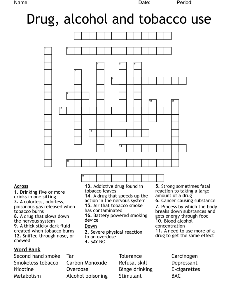 Drug, alcohol and tobacco use  Crossword