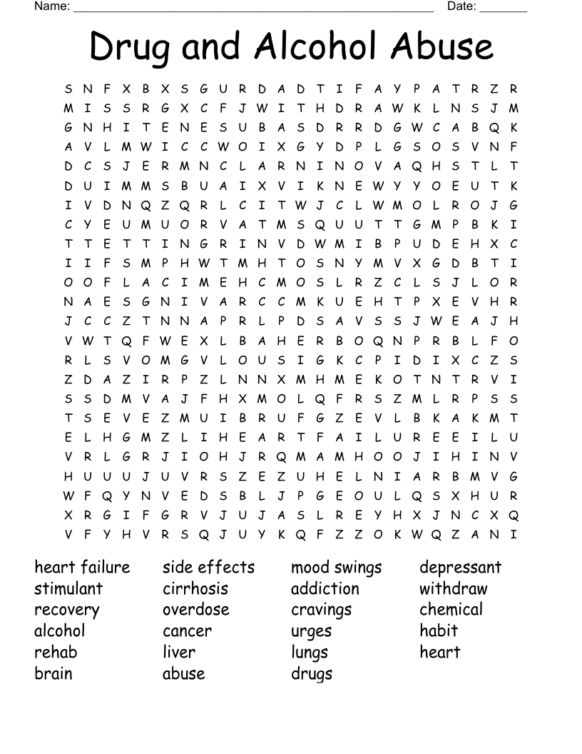 Drug and Alcohol Abuse Word Search