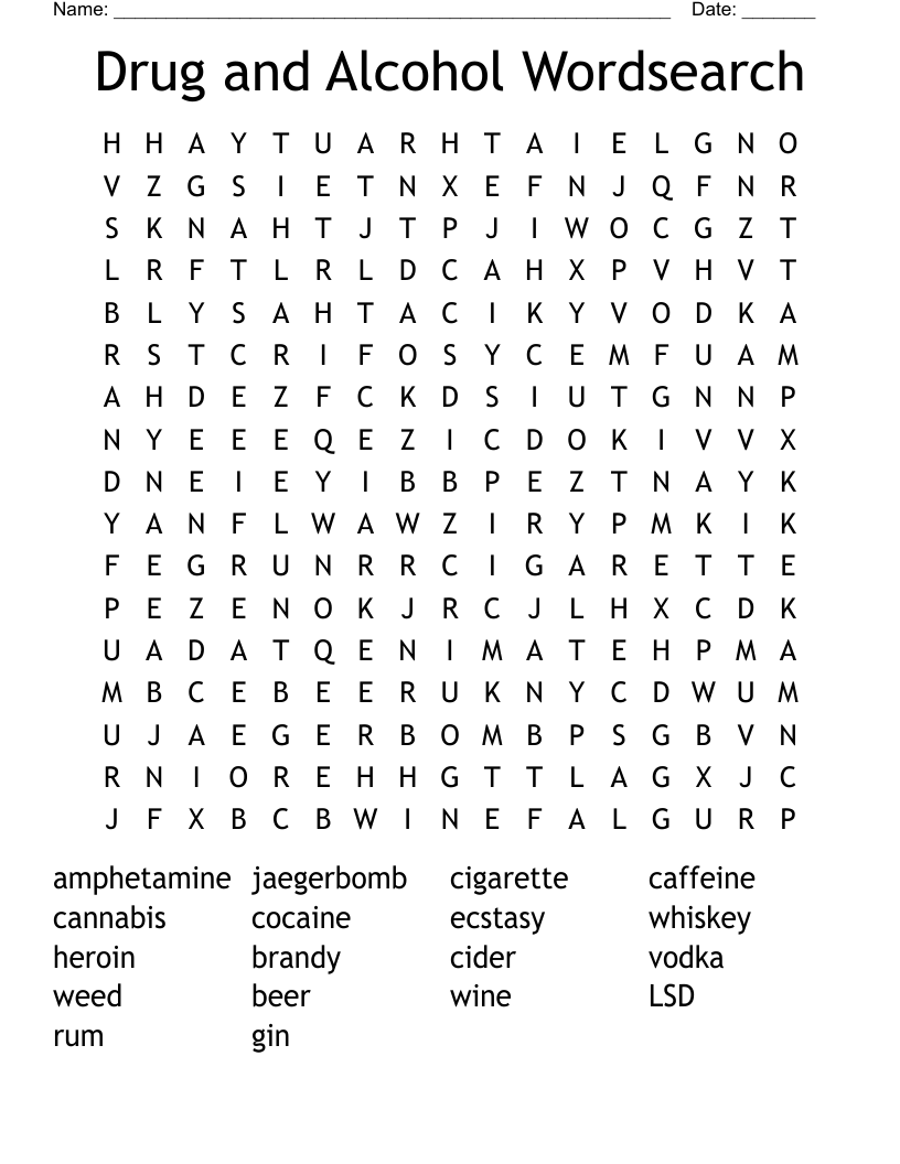 Drug and Alcohol Wordsearch