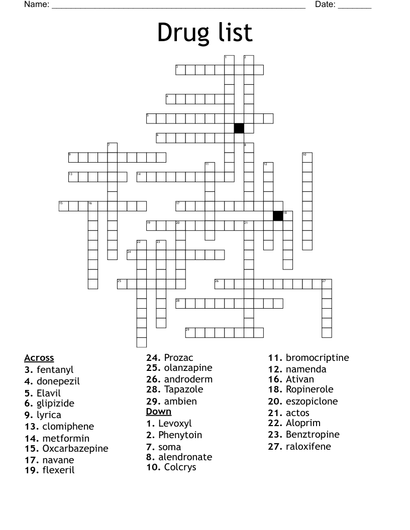 Drug list Crossword