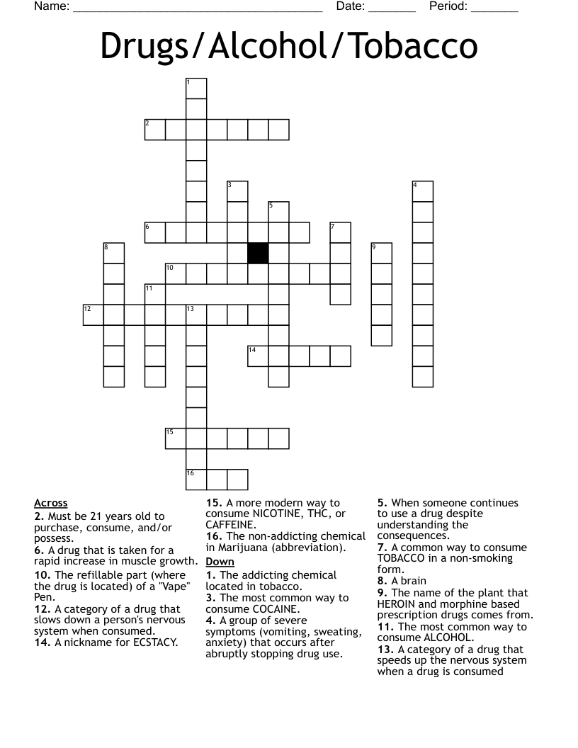 Drugs/Alcohol/Tobacco Crossword