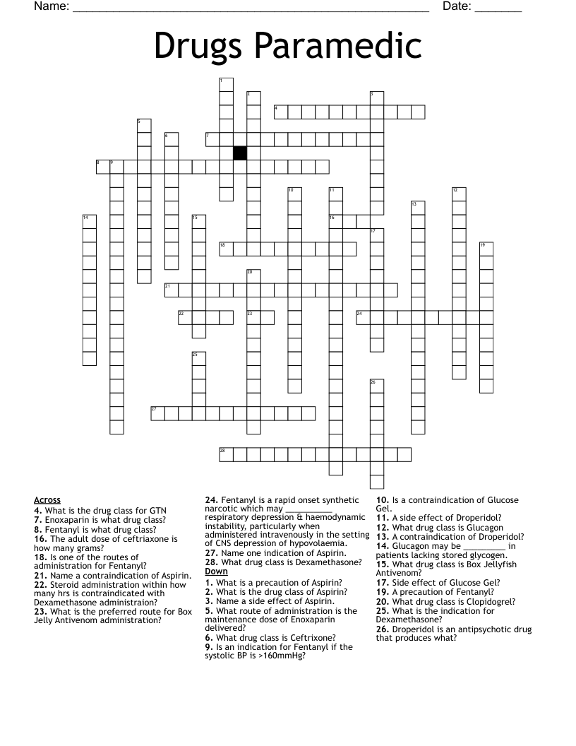 Drugs Paramedic Crossword