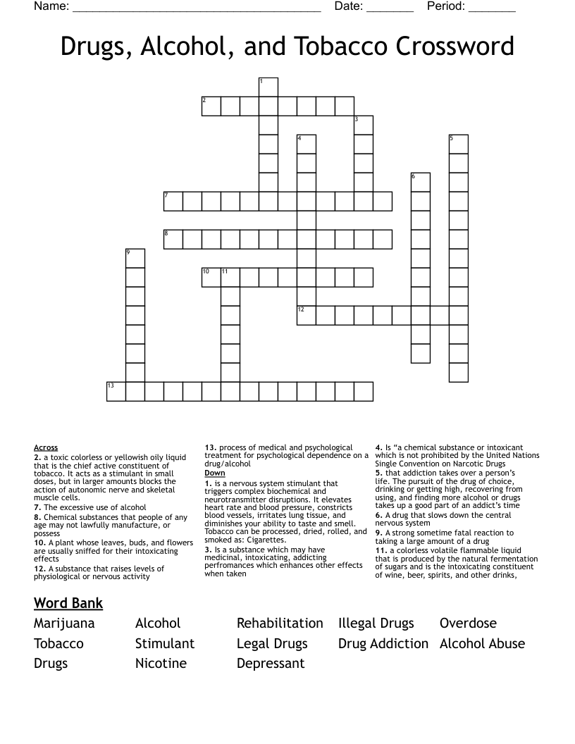 Drugs, Alcohol, and Tobacco Crossword